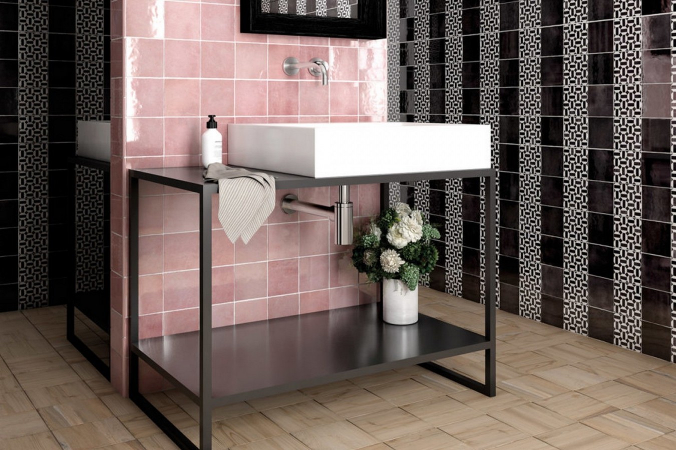  Ambiente revestimiento artisan_132x132_rosemallow_graphite_lunas-bath-1024x768